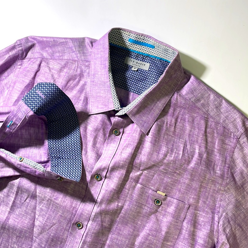 Ted Baker mens 2XL XXL 6 purple solid linen cotton blend button up shirt EUC